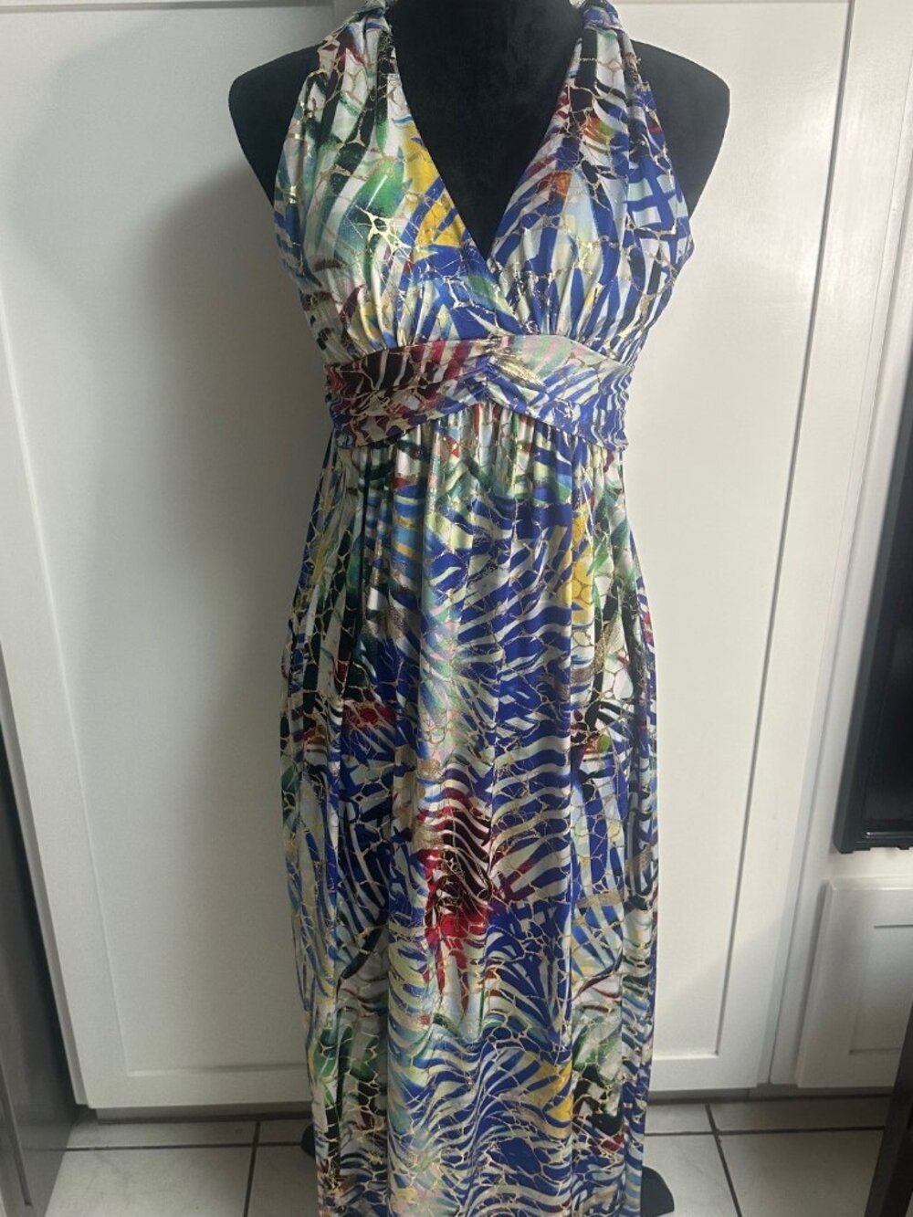 Shoreline Blue Metallic Geometric Maxi Halter Dress M Tropical